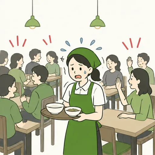 忙しい店内でスタッフが注文対応に追われているイラスト