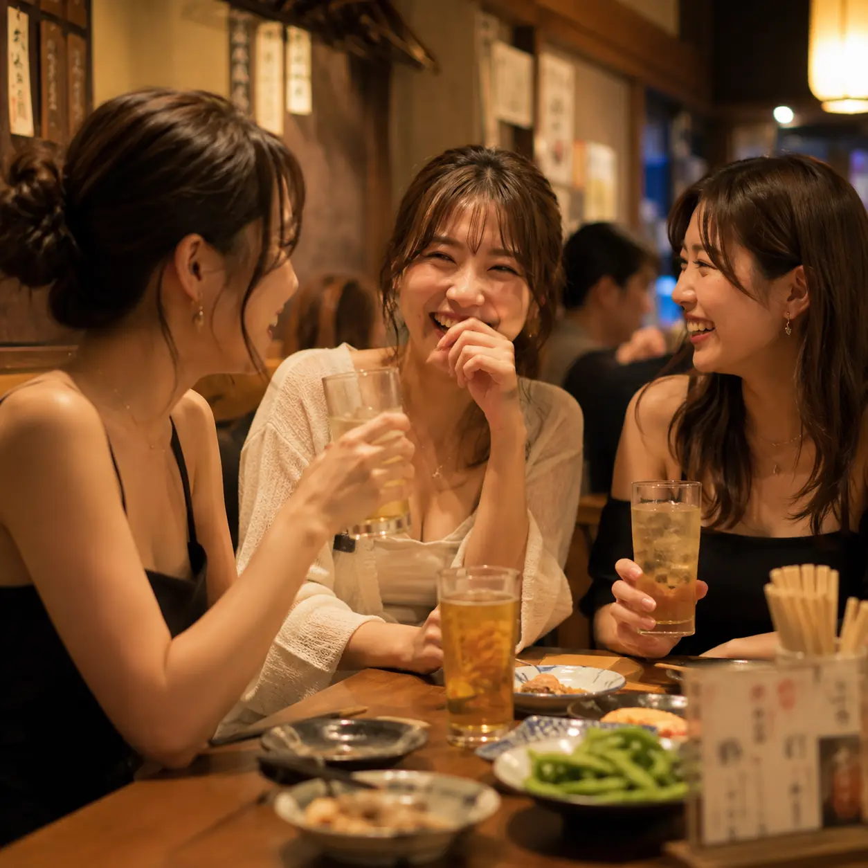 会話が盛り上がるテーブル席でドリンクを楽しむお客様