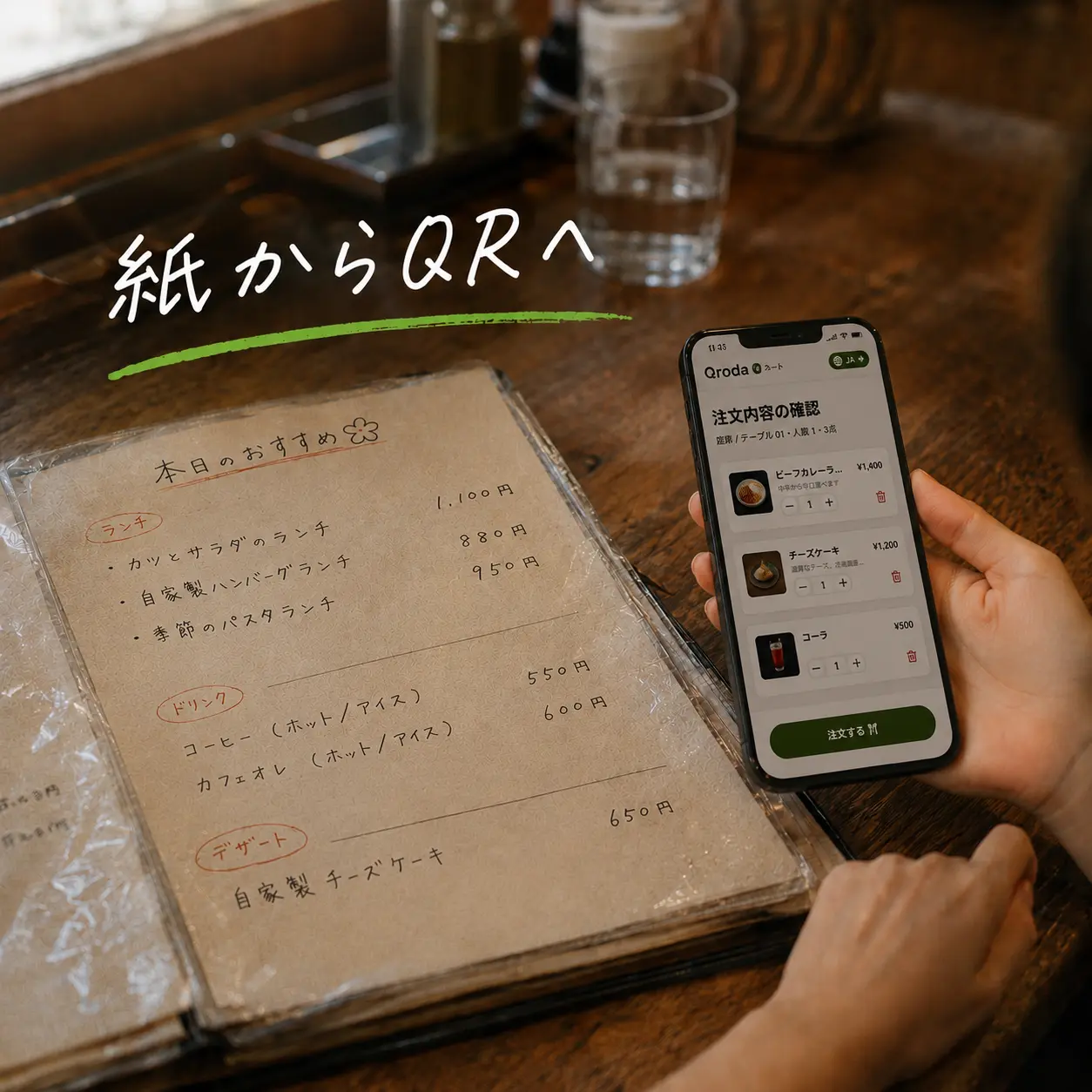 写真付きメニューを見ながら注文する飲食店のお客様