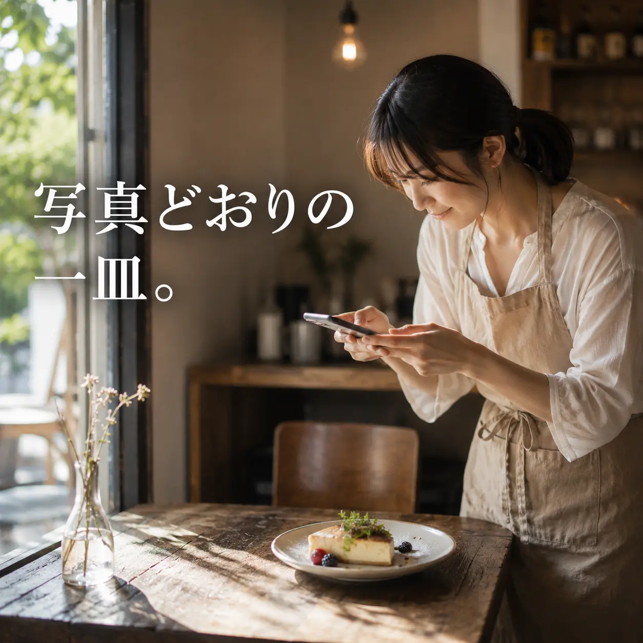 飲食店のテーブルで写真付きメニューを見ながら注文を考えるお客様