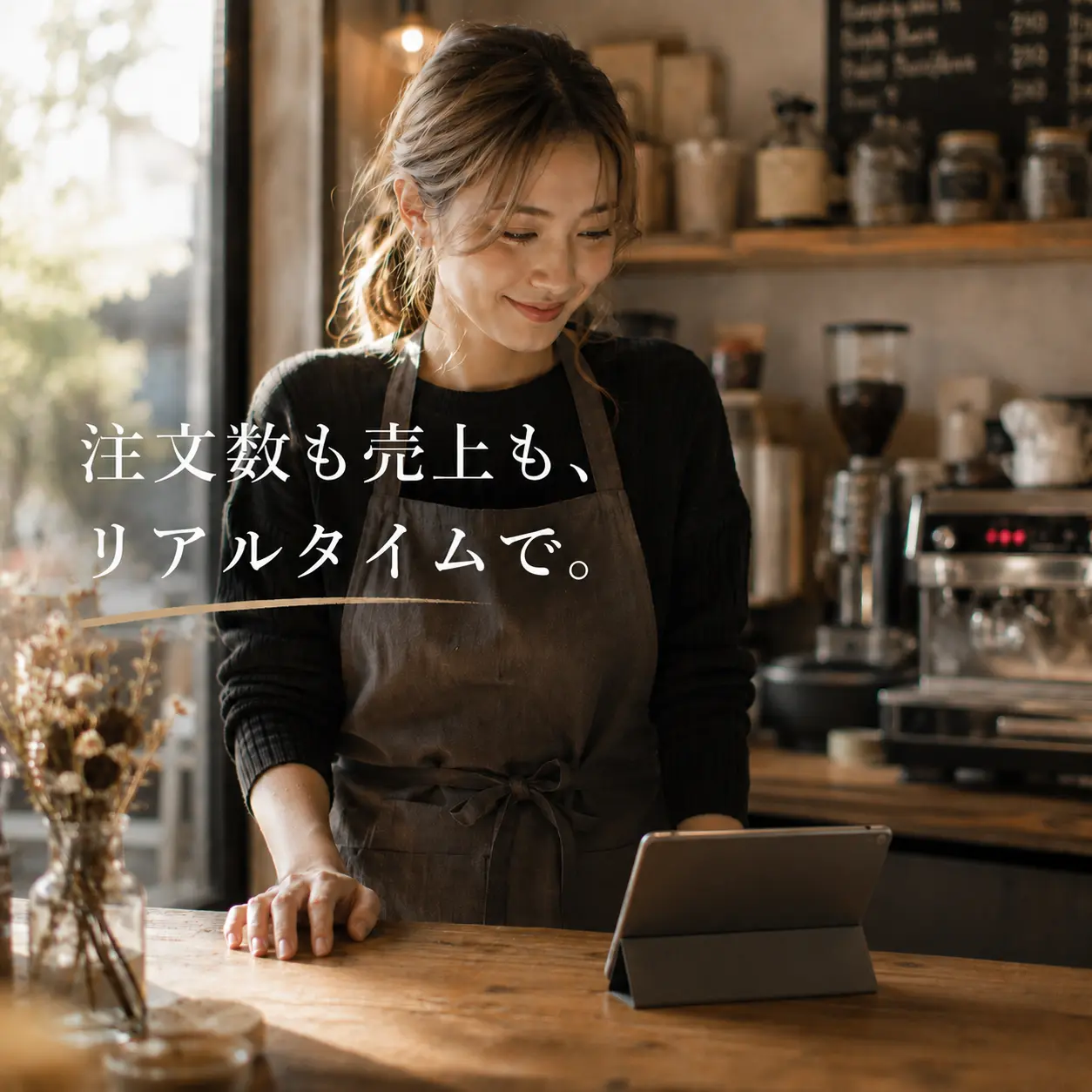 注文データを確認しながら経営判断を行う飲食店オーナー