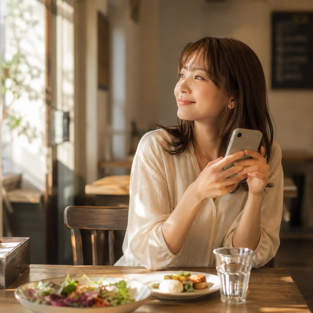 飲食店のテーブルでお客様がスマホからQR注文をしている様子