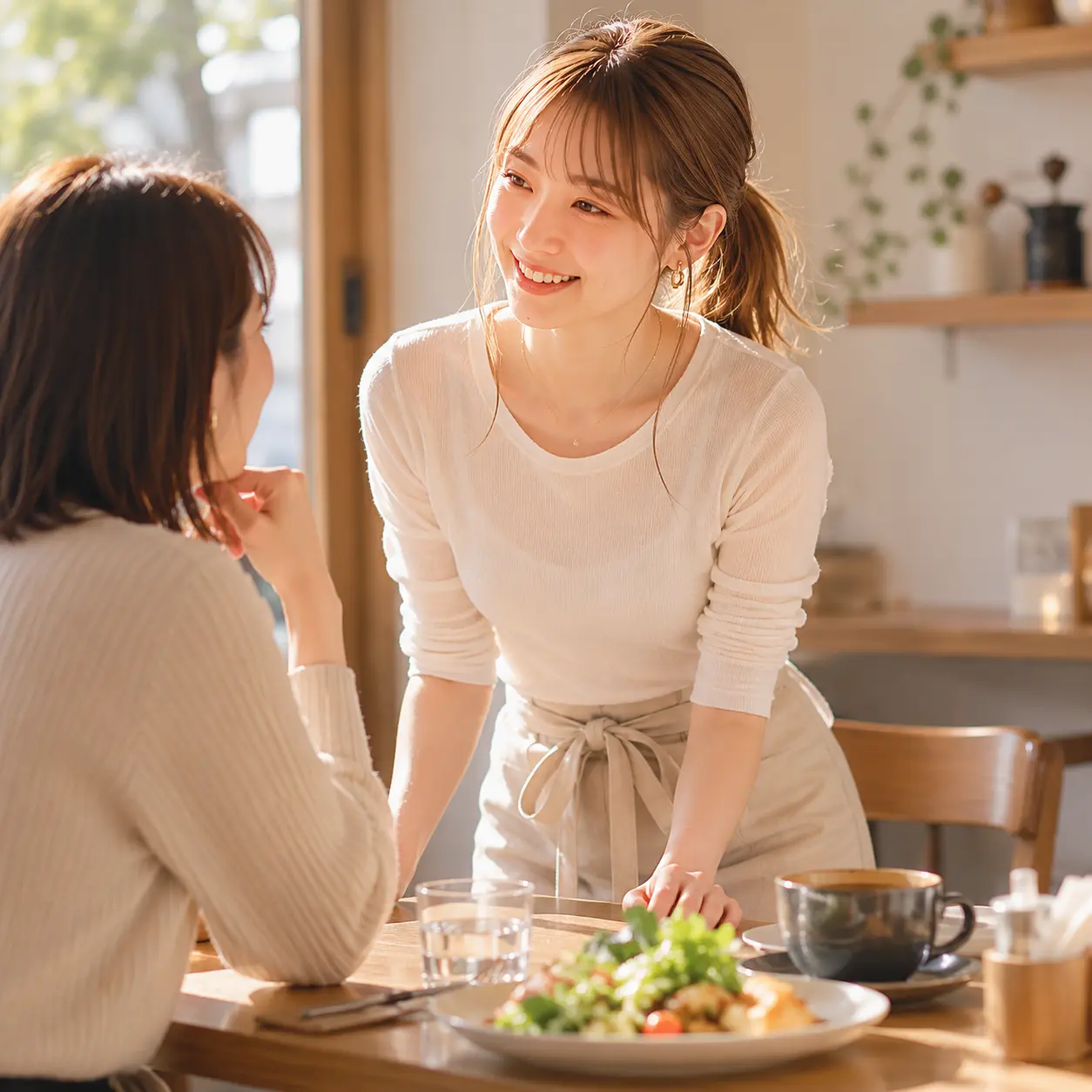 忙しい飲食店の店内でスタッフが注文対応と配膳に追われている様子