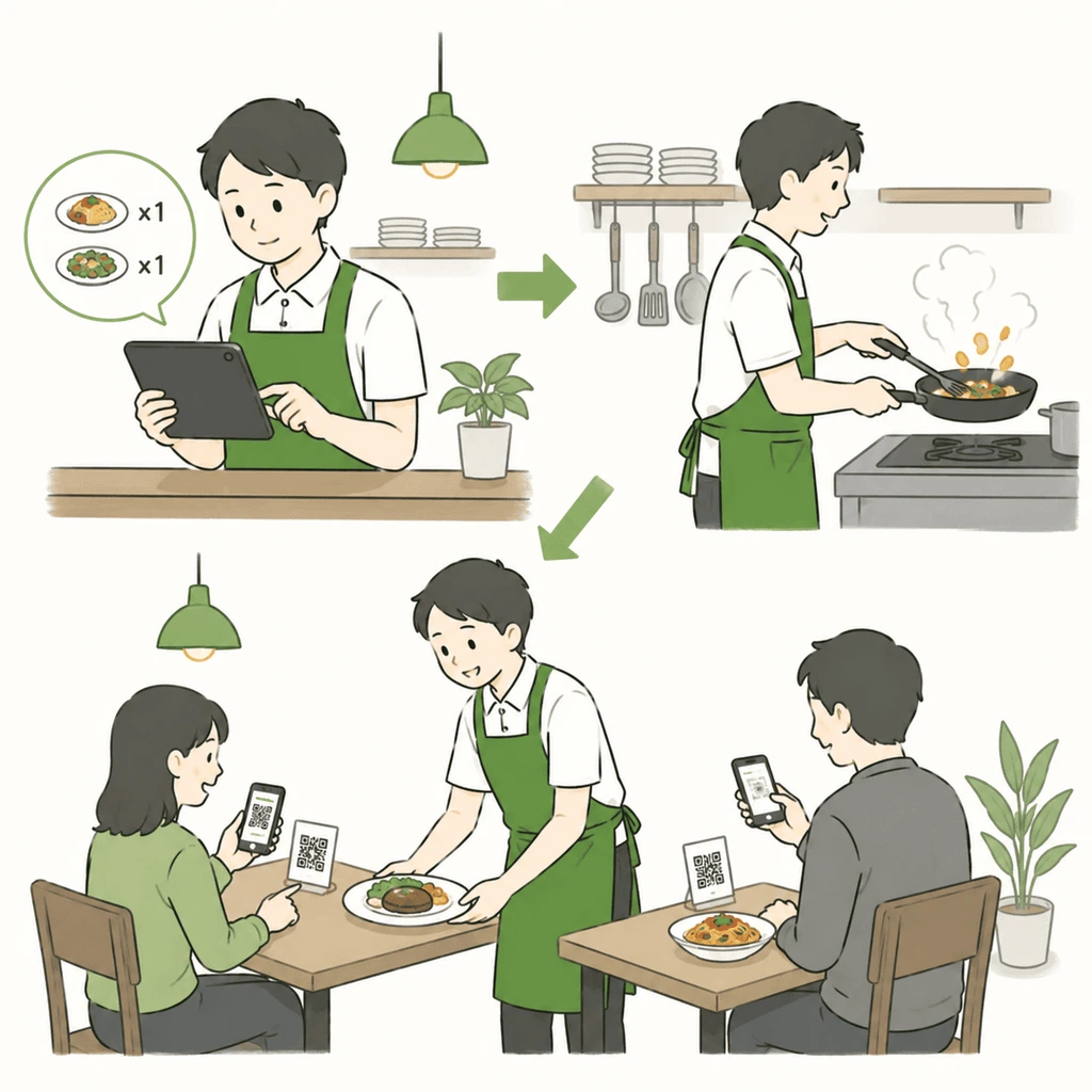 1人で営業する小さな店舗でQrodaを使う流れ